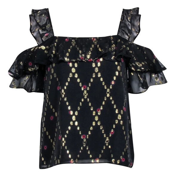 A.L.C. Willow Black Silk Gold Metallic Festive Sleeveless Shirt Top Sequins Sz 0 - Picture 2 of 9